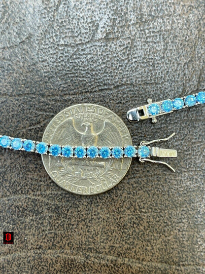3mm Tennis Bracelet Real 925 Sterling Silver Aquamarine Blue Sapphire Diamond