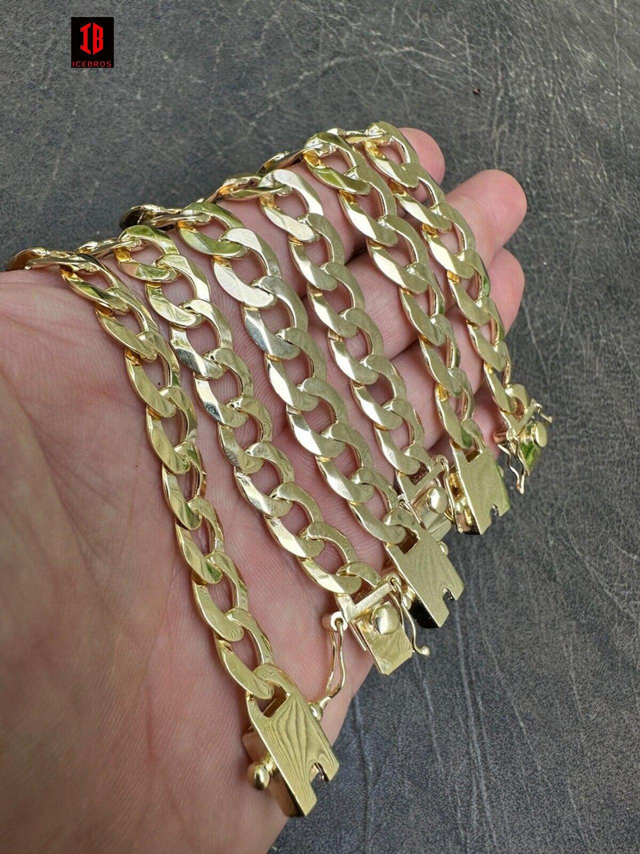 Flat ITALY Curb Cuban Link Chain Bracelet 14K Gold Over 925 Sterling Silver Sleek Boxed Clasp