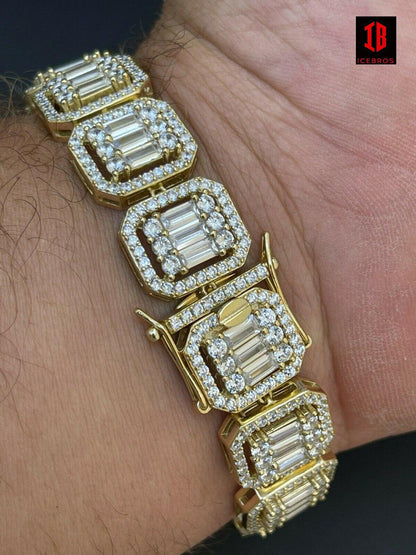 Men’s Real Solid Gold Over 925 Silver Baguette Iced Bracelet 15mm Thick Bust Down Diamonds