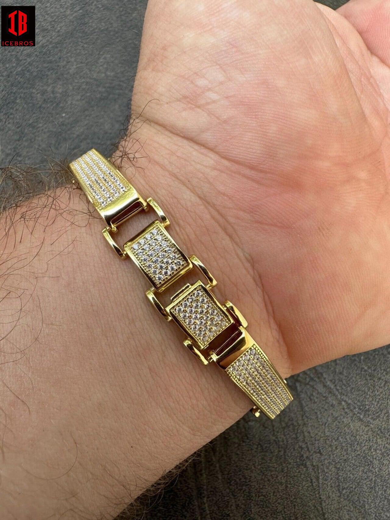 Mens Custom Made Cuff Bracelet Solid 14k Gold Plated 925 Silver 12mm Thick CZ