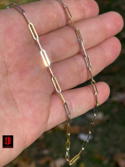 Paperclip Chain Necklace Tri Color Yellow Rose Gold & 925 Silver 14-24" (3mm)