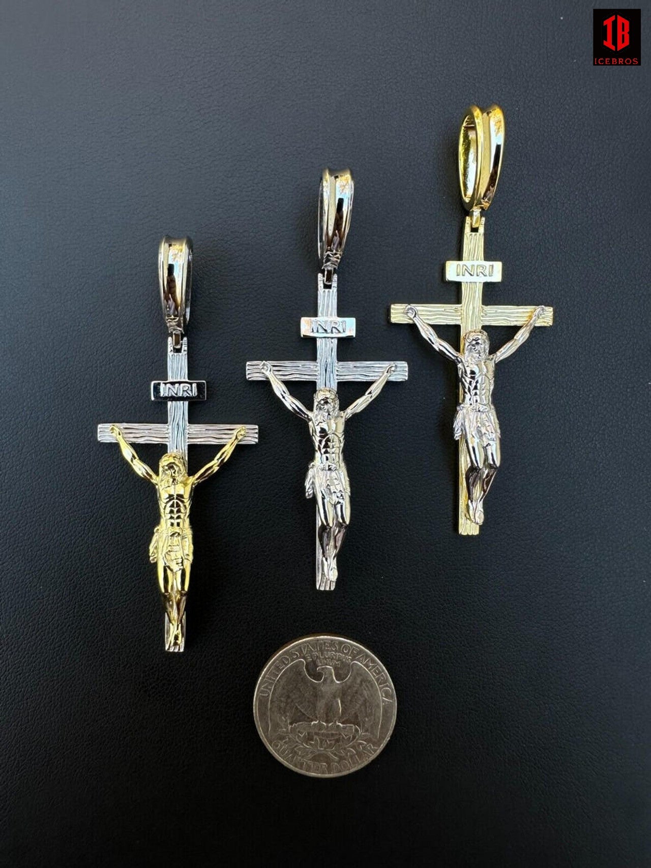 Three gold and White Gold  crucifix pendants Compared  with a coin, featuring a Cross Jesus Pendant.
