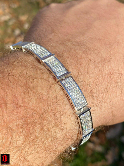 RHODIUM Gold Over Solid 925 Sterling Silver Mens Iced Flooded Out Bracelet Diamond