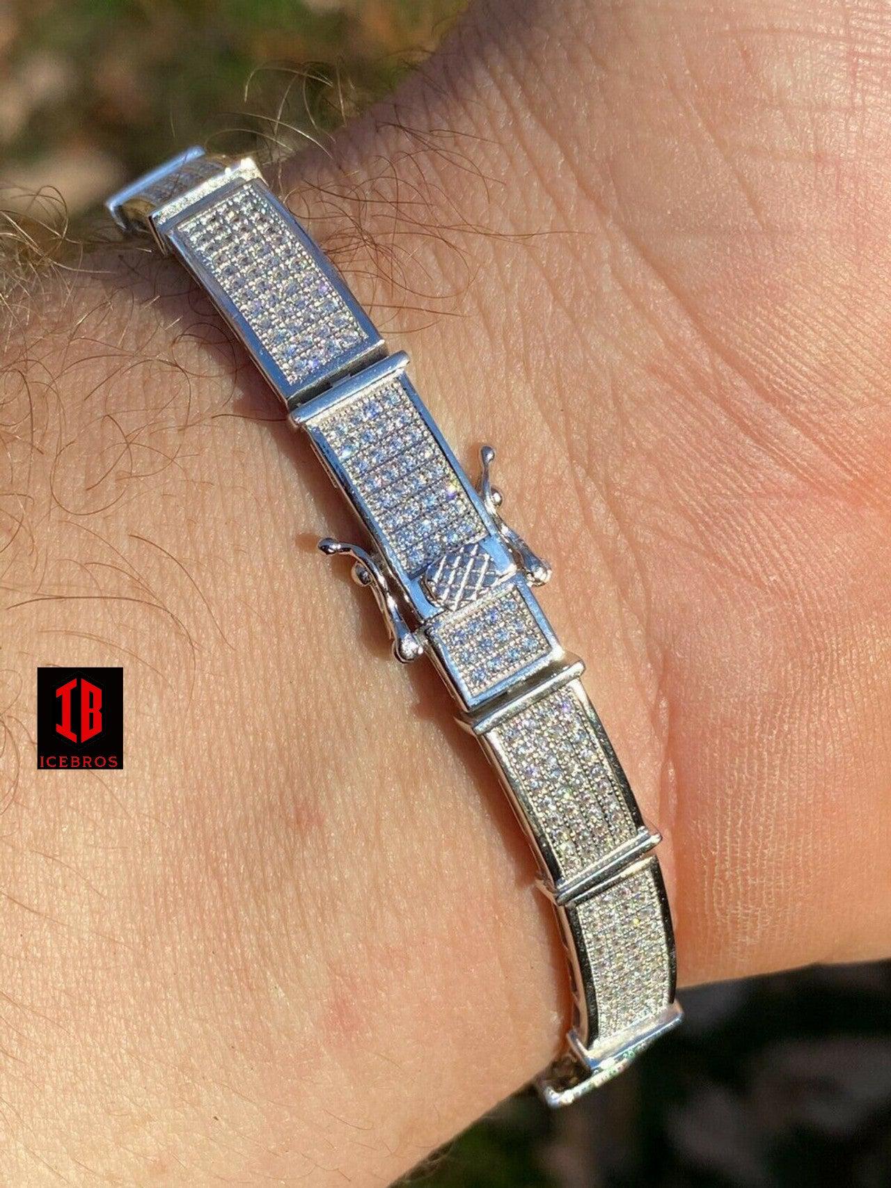 RHODIUM Gold Over Solid 925 Sterling Silver Mens Iced Flooded Out Bracelet Diamond
