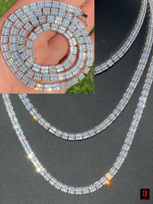 SOLID 925 Sterling Silver Baguette Tennis Chain ICED Diamond Necklace 5mm HipHop