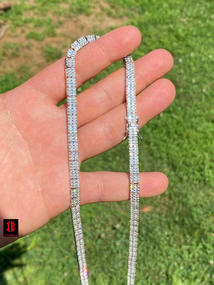 SOLID 925 Sterling Silver Baguette Tennis Chain ICED Diamond Necklace 5mm HipHop