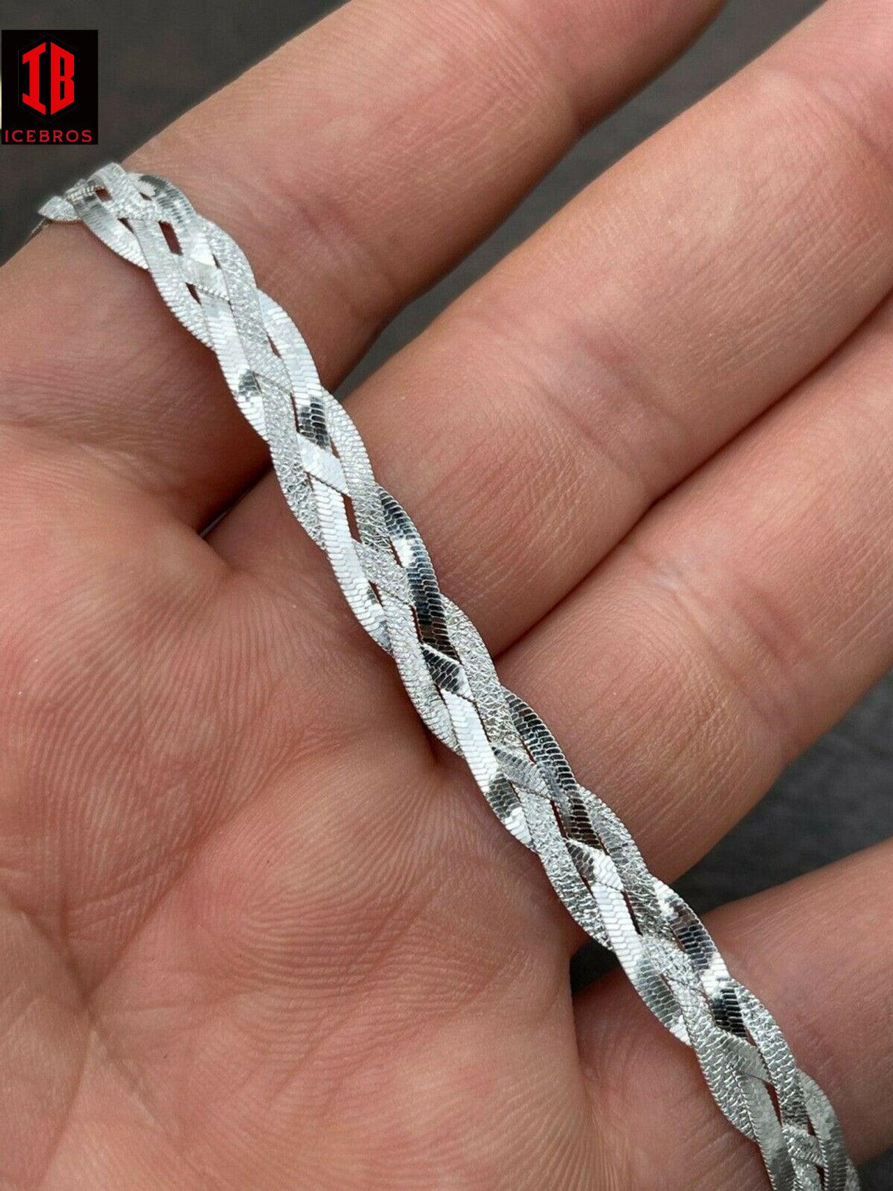 Solid 925 Sterling Silver Ladies Diamond Cut Twist Braided Herringbone Bracelet