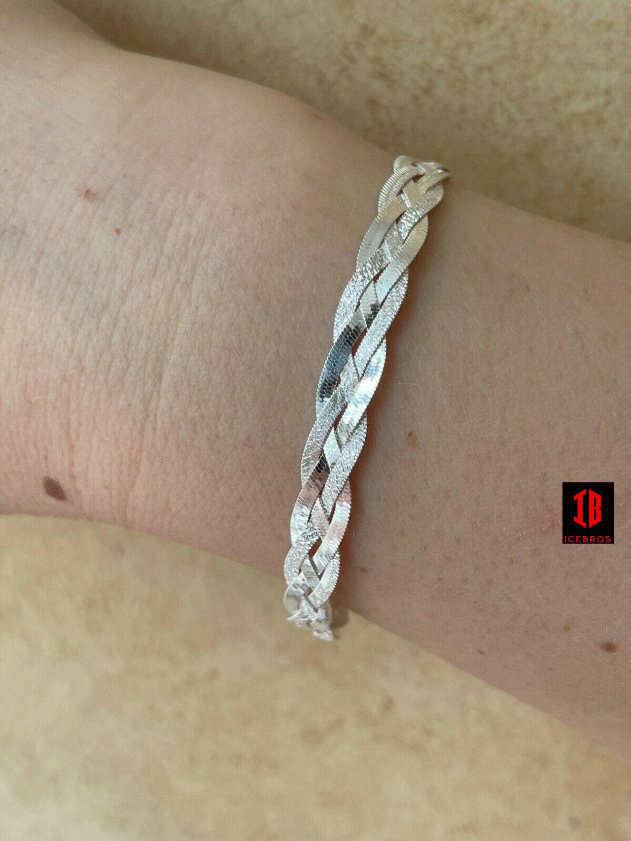 Solid 925 Sterling Silver Ladies Diamond Cut Twist Braided Herringbone Bracelet