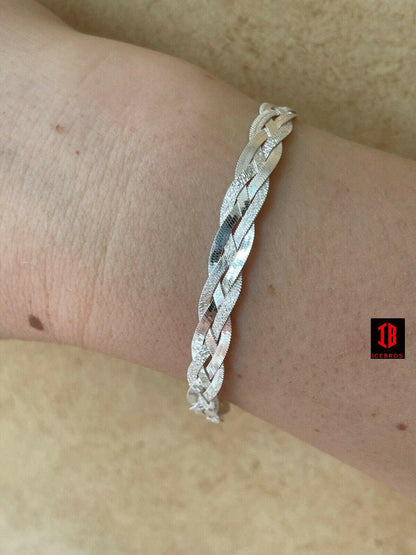 Solid 925 Sterling Silver Ladies Diamond Cut Twist Braided Herringbone Bracelet