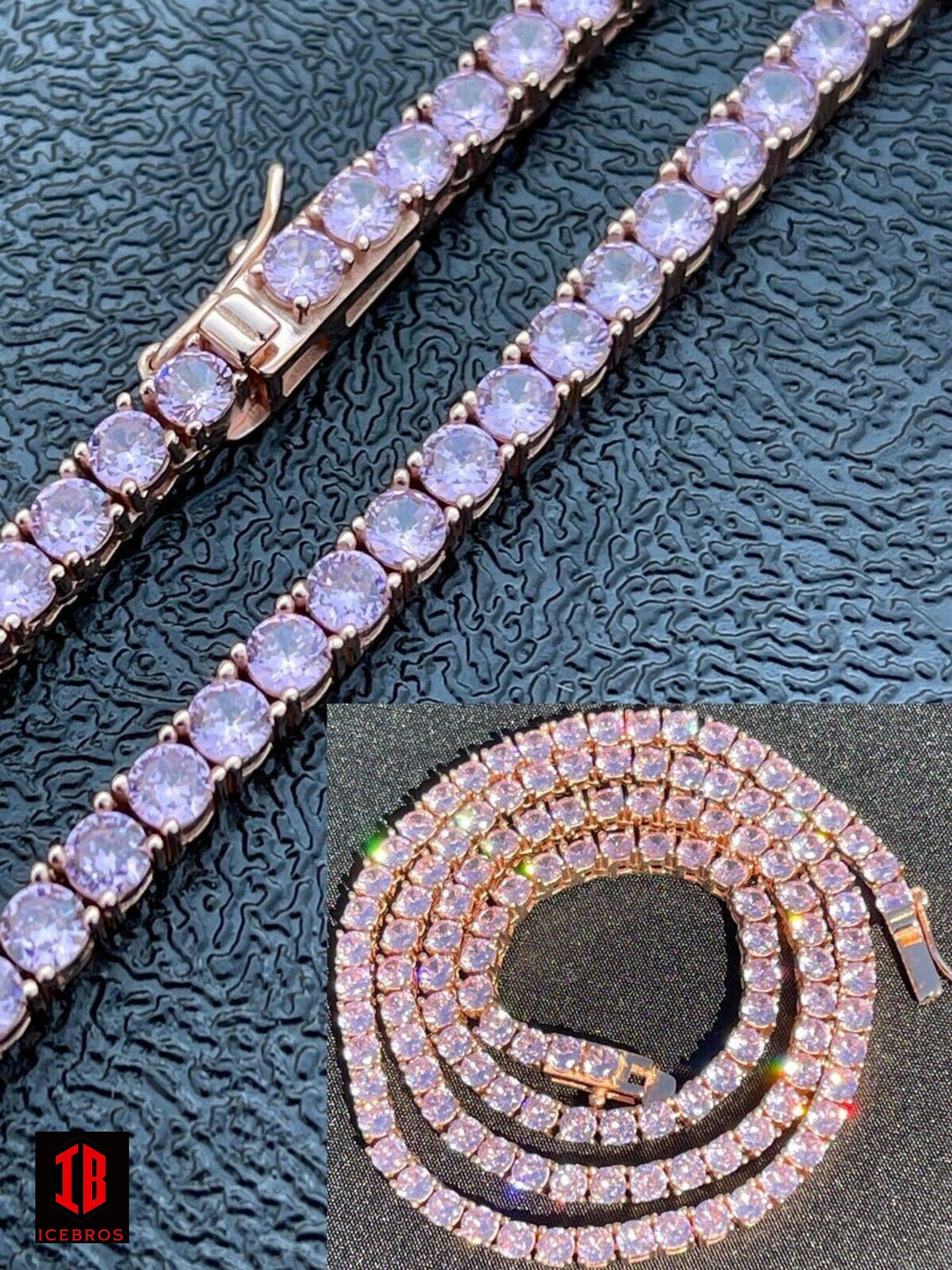 Tennis Chain Real 925 Sterling Silver 14k Rose Gold Finish Pink cz Diamond Necklace - 2 sizes