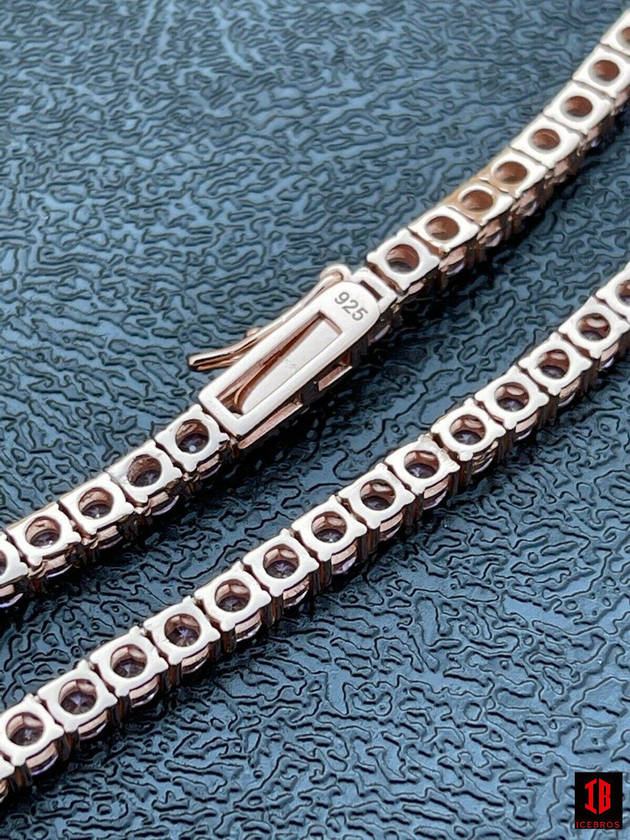 Tennis Chain Real 925 Sterling Silver 14k Rose Gold Finish Pink cz Diamond Necklace - 2 sizes