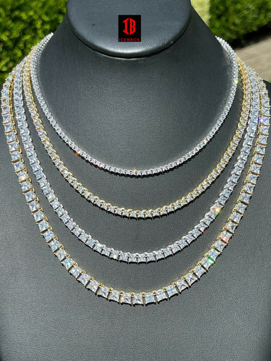 Tennis Chain Real 925 Sterling Silver Gold ICED Square Princess CZ Diamond Necklace