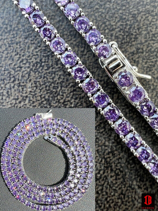 Tennis Chain Fine 925 Sterling Silver Purple Amethyst Diamond Necklace 16-28inch