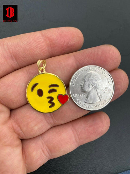 Smiley Blow Kiss Love Enamel Emoji Solid White 925 Sterling Silver 1"