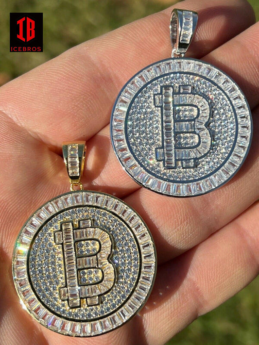 Fine 925 Silver 14K Gold Bling Out Iced BITCOIN Big Hip Hop Pendant Necklace