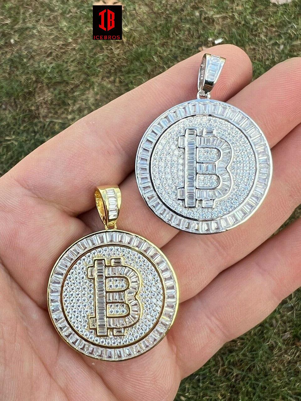 Fine 925 Silver 14K Gold Bling Out Iced BITCOIN Big Hip Hop Pendant Necklace