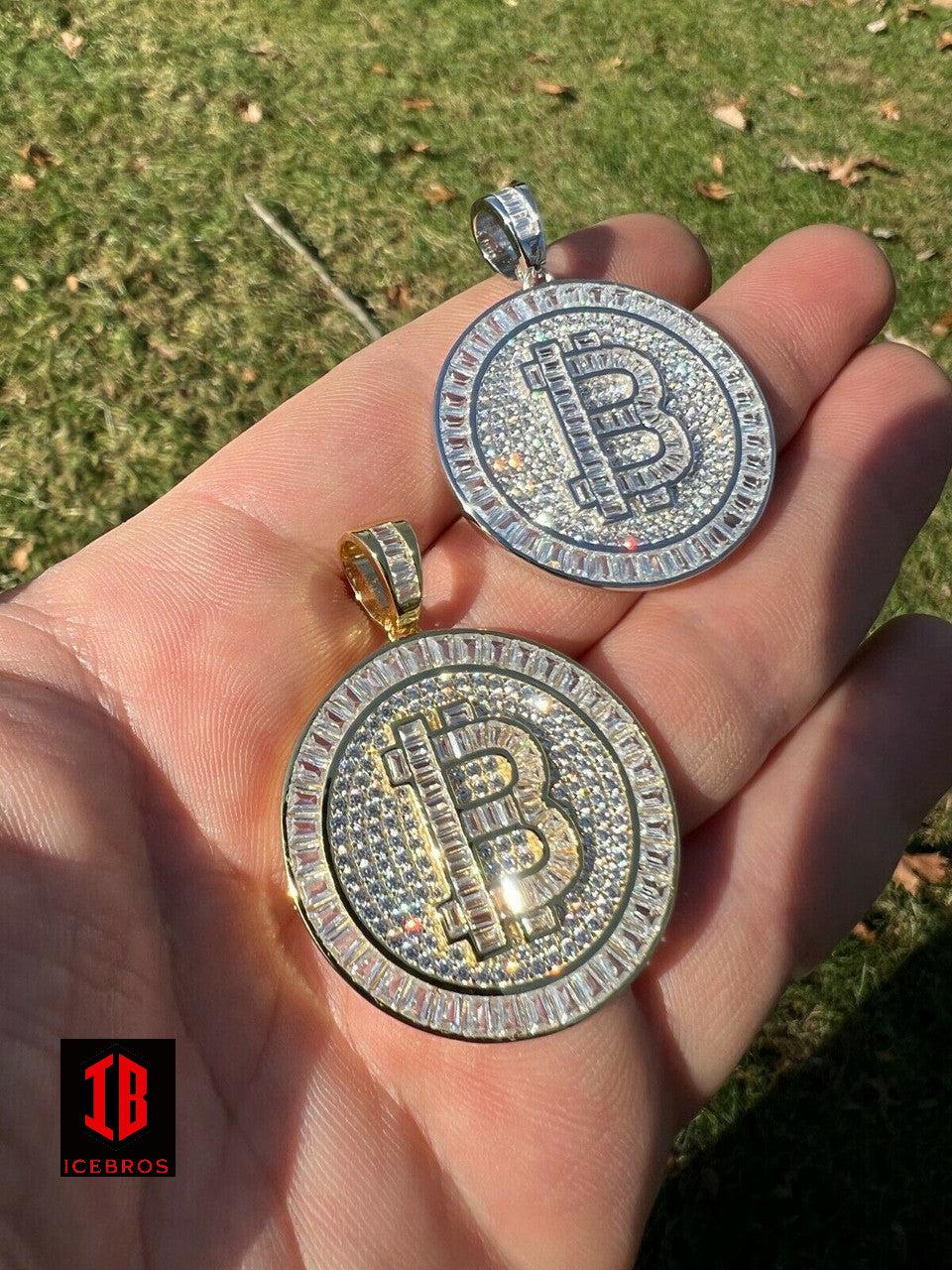 Fine 925 Silver 14K Gold Bling Out Iced BITCOIN Big Hip Hop Pendant Necklace