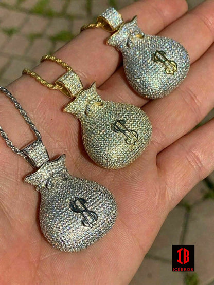 Fine 925 Silver 14k Gold Plated Money Bag Iced Dollar Sign Hip Hop Chains