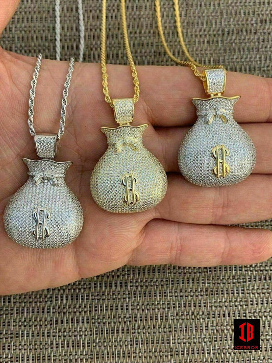 Fine 925 Silver 14k Gold Plated Money Bag Iced Dollar Sign Hip Hop Chains