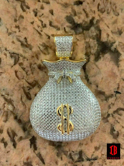Fine 925 Silver 14k Gold Plated Money Bag Iced Dollar Sign Hip Hop Chains