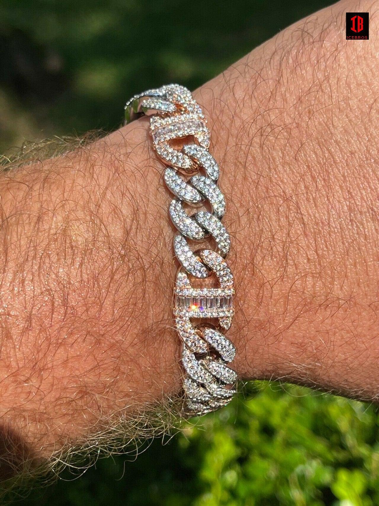 TWO TONE GOLD Real Solid 925 Silver Mens Miami Cuban Iced Gucci Link Bracelet Baguette Diamond