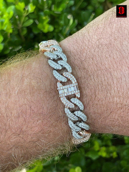 WHITE GOLD Real Solid 925 Silver Mens Miami Cuban Iced Gucci Link Bracelet Baguette Diamond