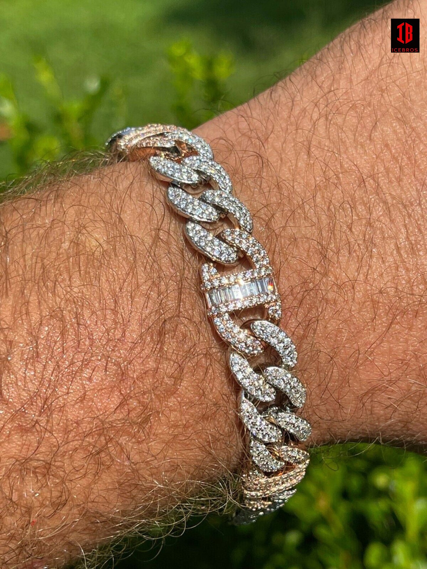WHITE GOLD Real Solid 925 Silver Mens Miami Cuban Iced Gucci Link Bracelet Baguette Diamond