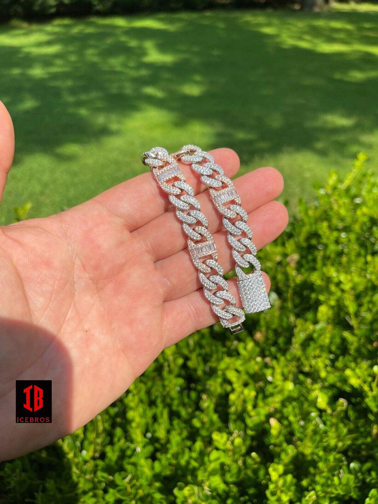 TWO TONE GOLD Real Solid 925 Silver Mens Miami Cuban Iced Gucci Link Bracelet Baguette Diamond