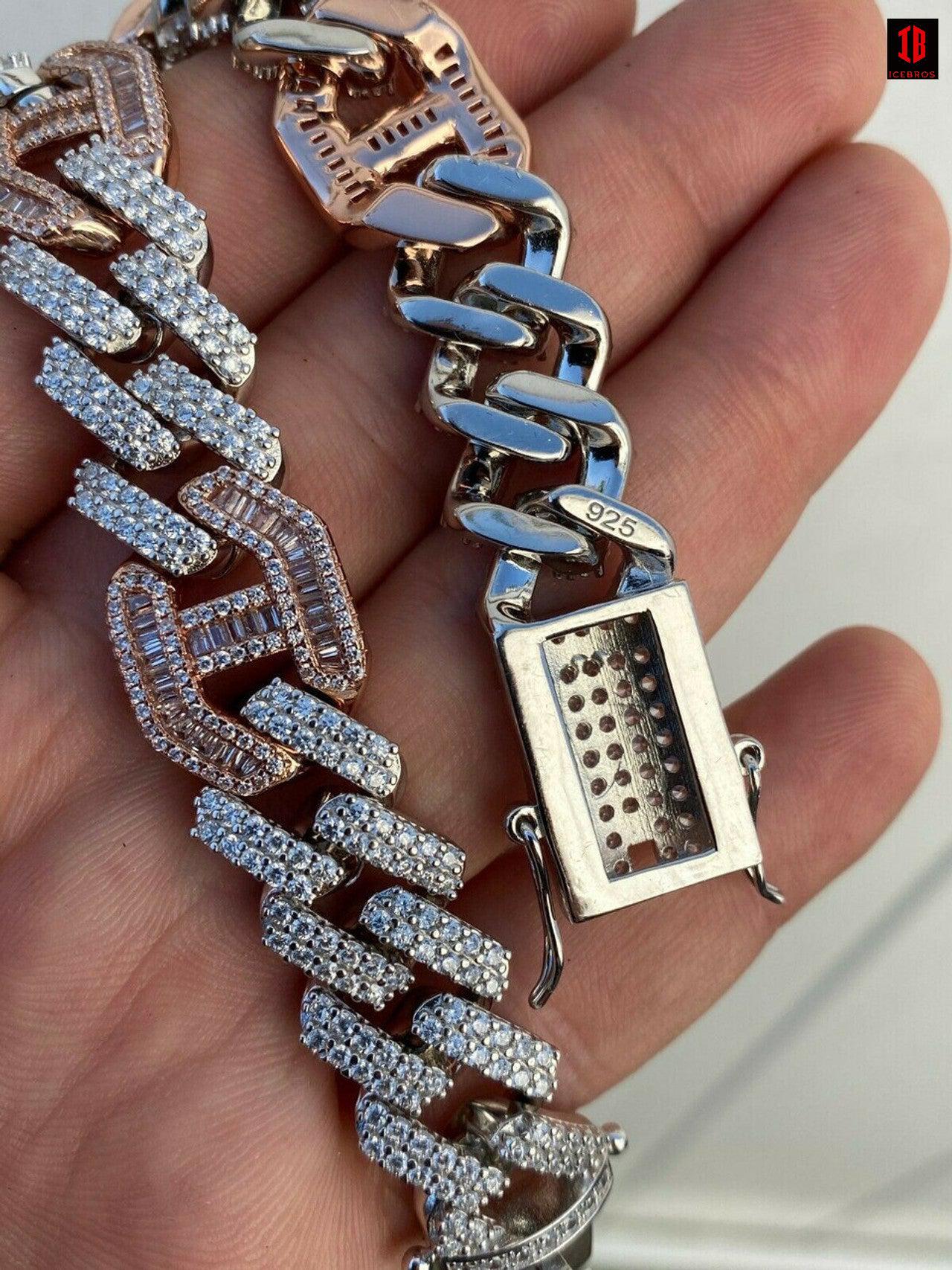 Solid 925 Silver & WHITE Gold Mens Figarucci Gucci Link Prong Cuban Chain Hip Hop