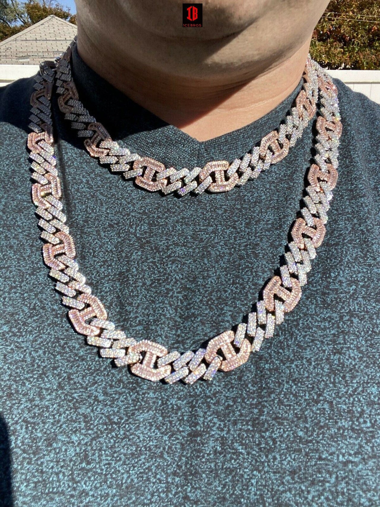 Solid 925 Silver & ROSE Gold Mens Figarucci Gucci Link Prong Cuban Chain Hip Hop