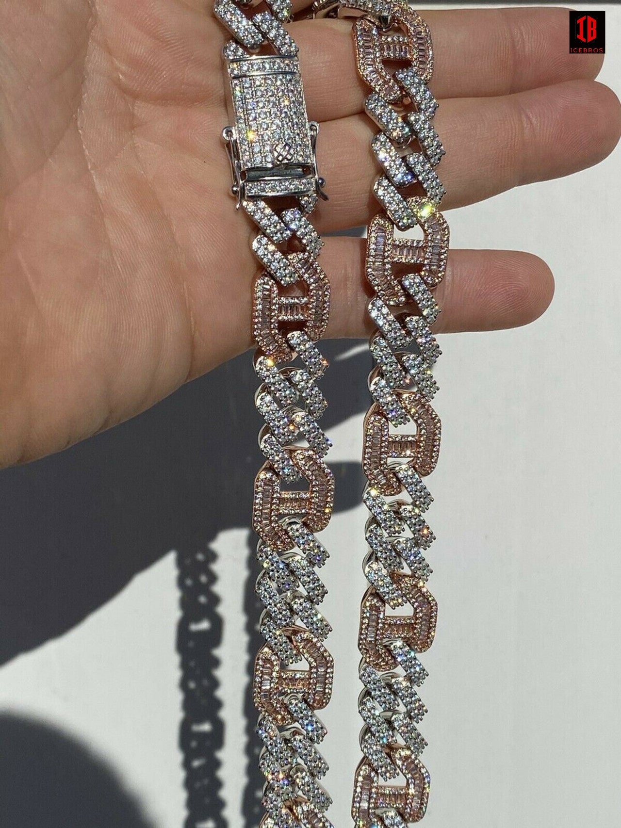 Solid 925 Silver & WHITE Gold Mens Figarucci Gucci Link Prong Cuban Chain Hip Hop