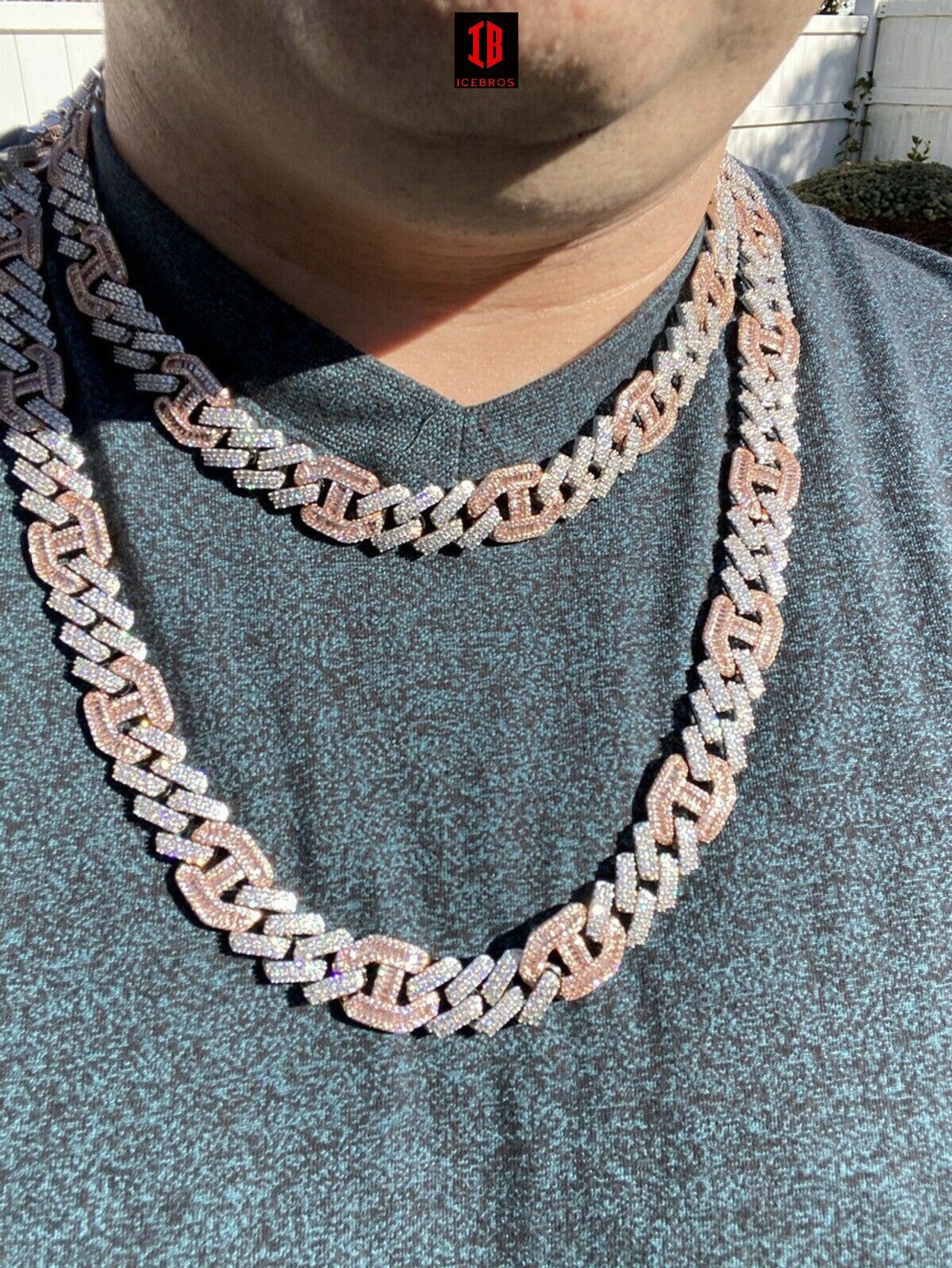 Solid 925 Silver & ROSE Gold Mens Figarucci Gucci Link Prong Cuban Chain Hip Hop