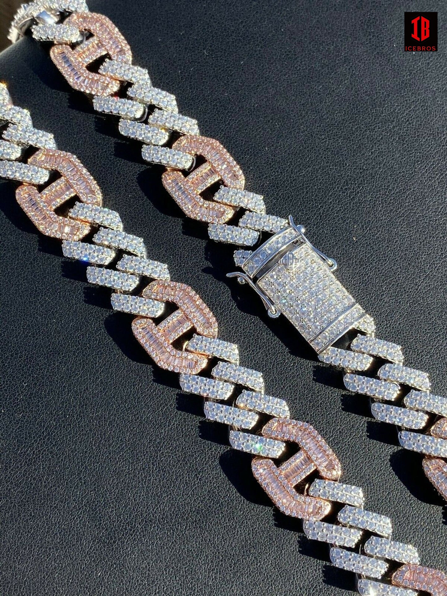 Solid 925 Silver & WHITE Gold Mens Figarucci Gucci Link Prong Cuban Chain Hip Hop