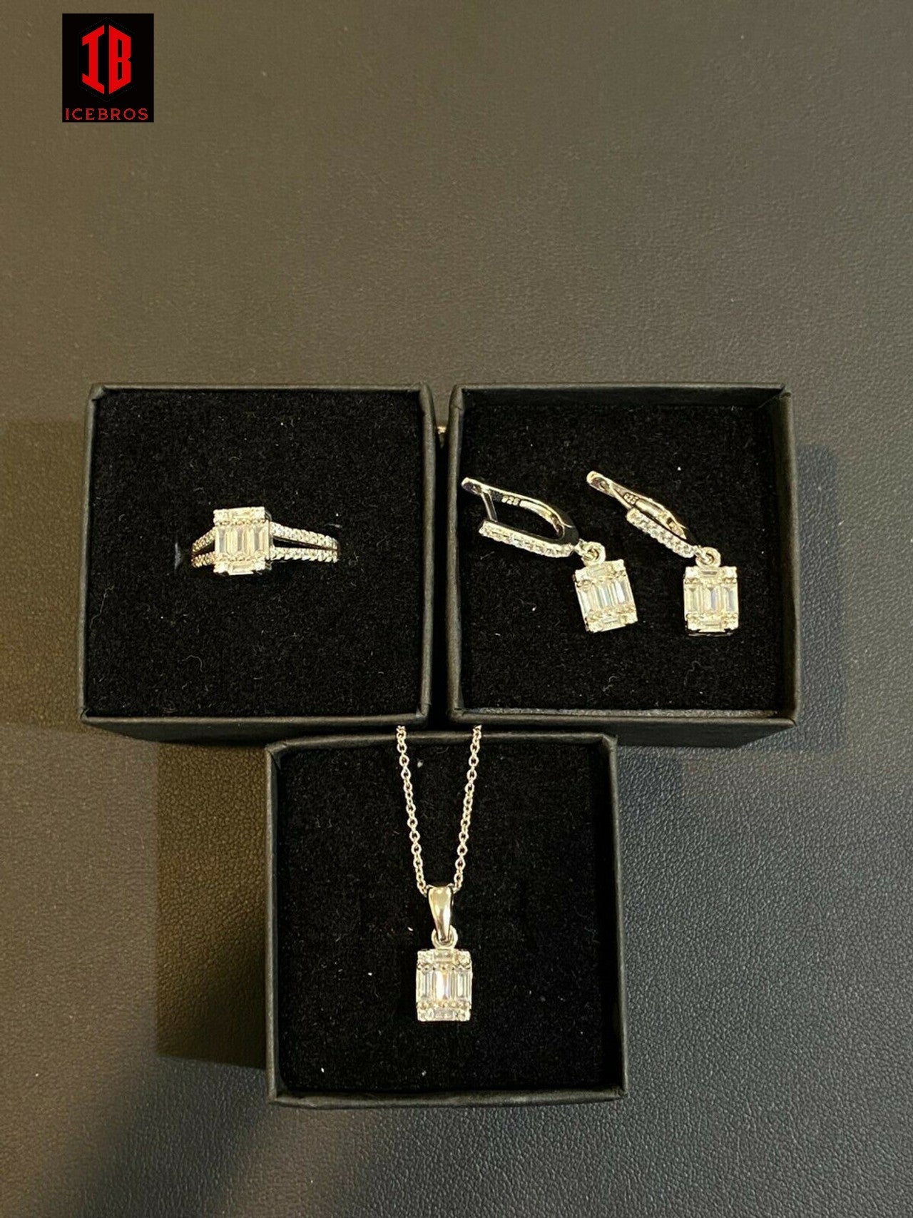 14k Gold Vermeil 925 Silver Baguette Diamond Ring Necklace Earrings Jewelry Set