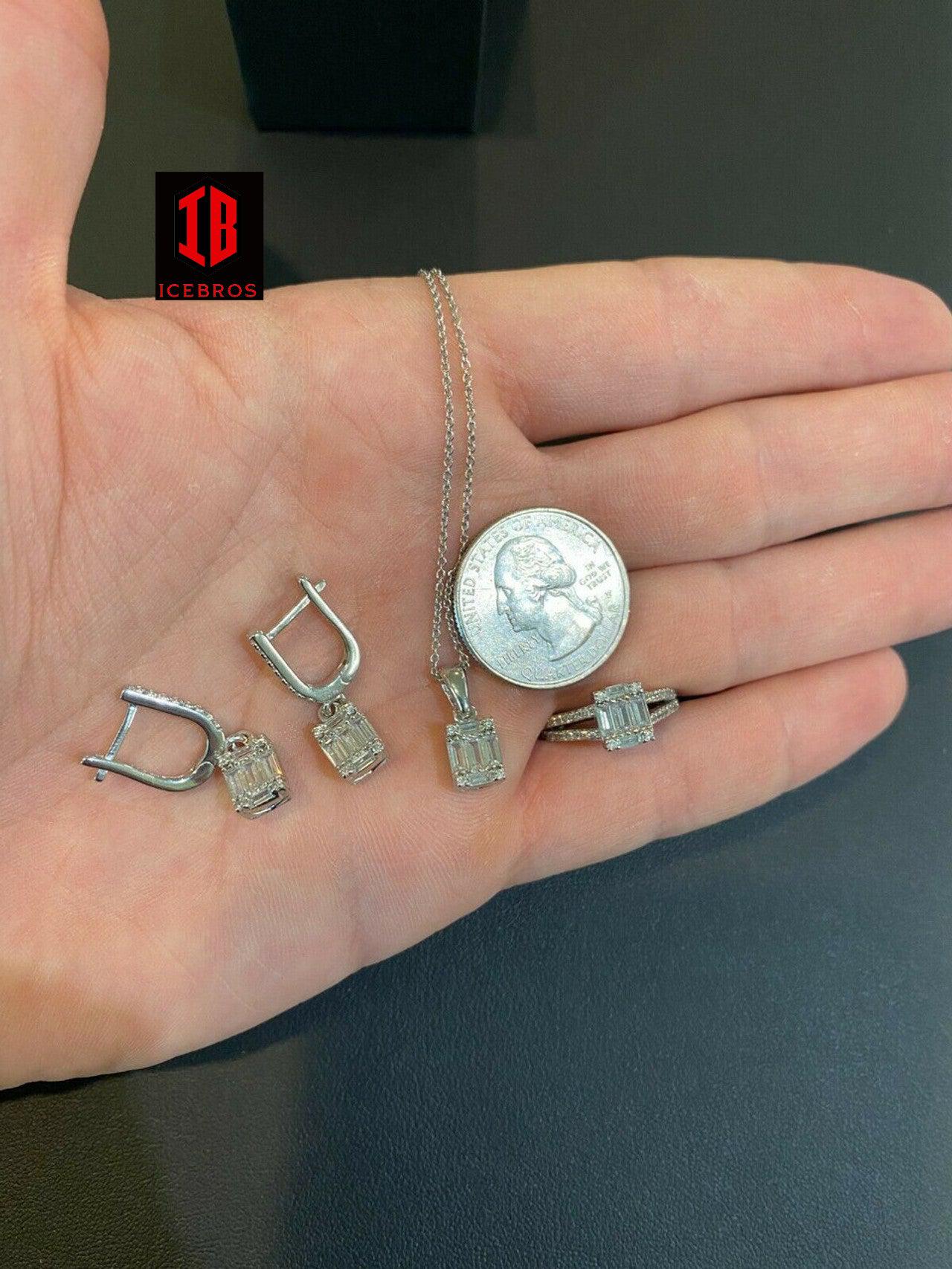 14k Gold Vermeil 925 Silver Baguette Diamond Ring Necklace Earrings Jewelry Set