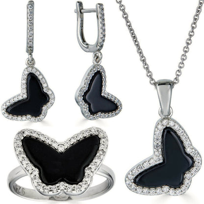 Solid 925 Silver Butterfly Black Onyx Ring Necklace & Earrings Ladies Girls Set