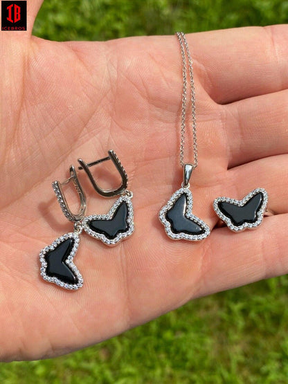 Solid 925 Silver Butterfly Black Onyx Ring Necklace & Earrings Ladies Girls Set