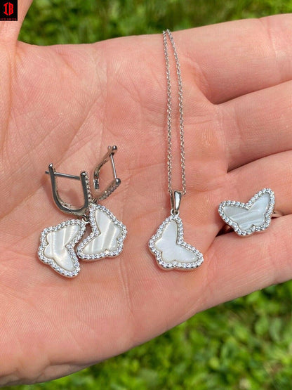 Solid 925 Silver Butterfly Mother Of Pearl Ring Necklace & Earrings Ladies Set