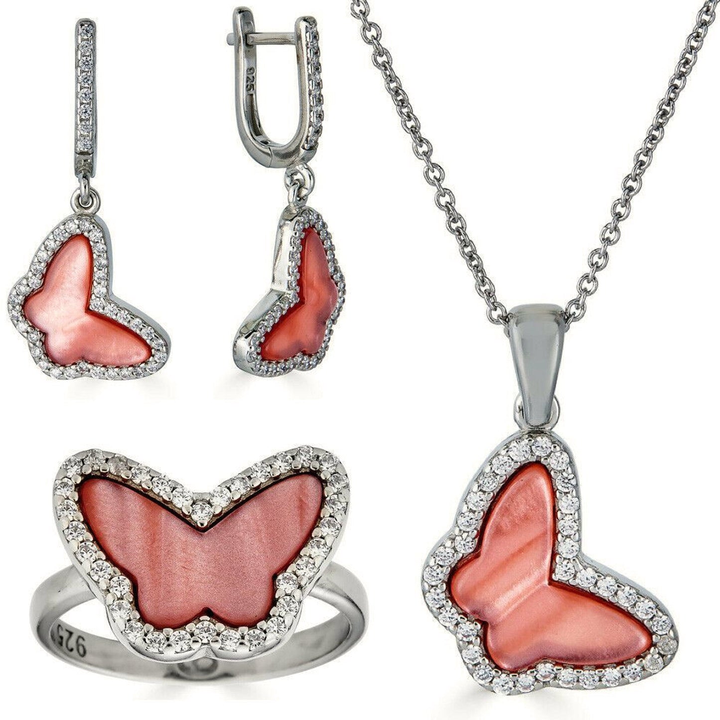Solid 925 Silver Butterfly Pink Pearl Ring Necklace & Earrings Ladies Girls Set