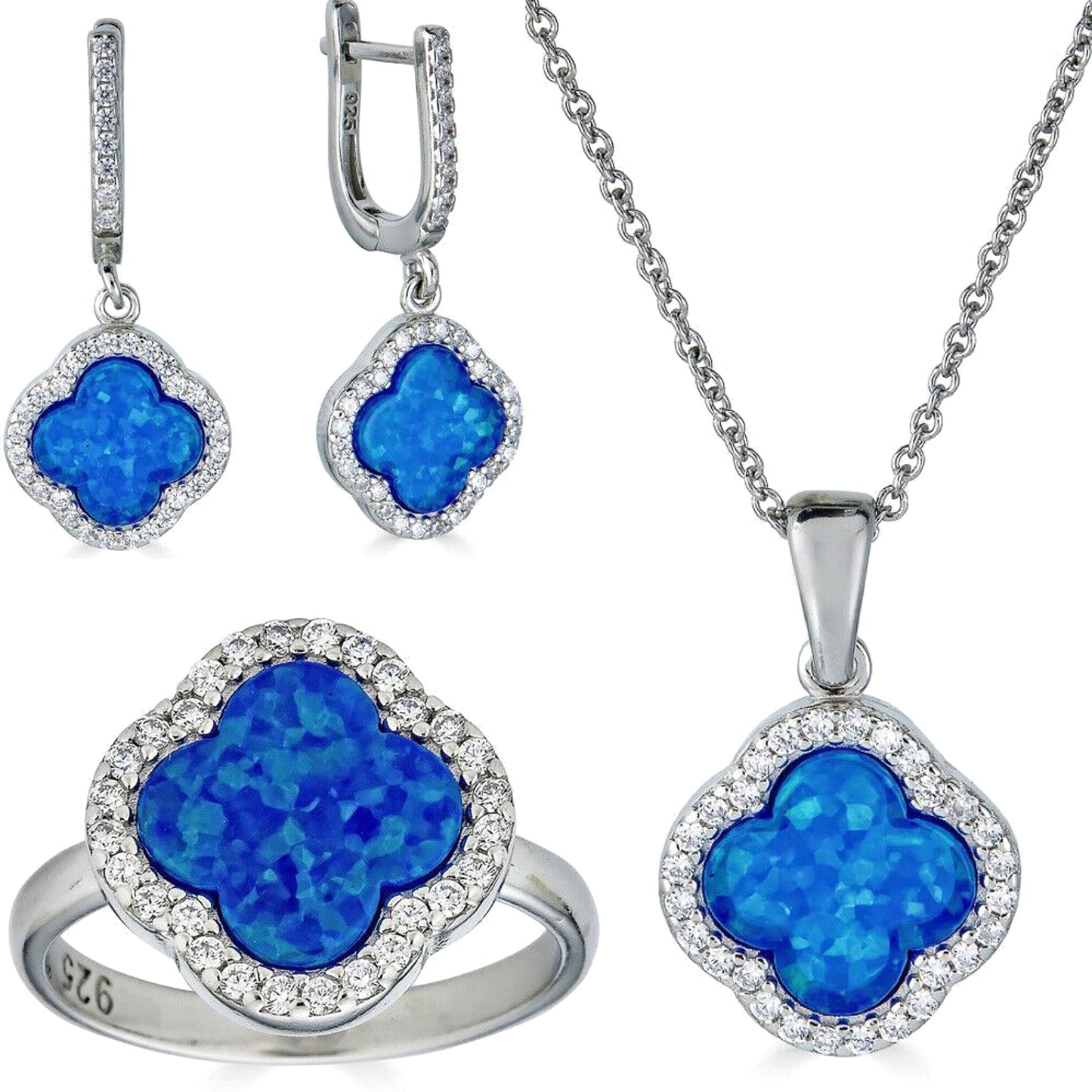 Solid 925 Silver Four Leaf Clover Blue Opal Ring Necklace & Earrings Ladies Set