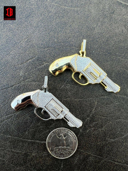 Real 925 Silver 18K Gold Iced Vintage Pistol Revolver Gun HipHop Pendant Necklace