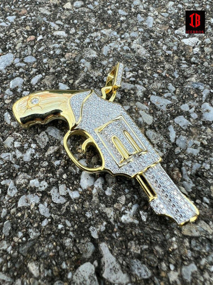 Real 925 Silver 18K Gold Iced Vintage Pistol Revolver Gun HipHop Pendant Necklace