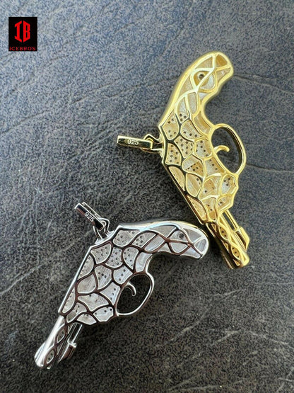 Real 925 Silver 18K Gold Iced Vintage Pistol Revolver Gun HipHop Pendant Necklace