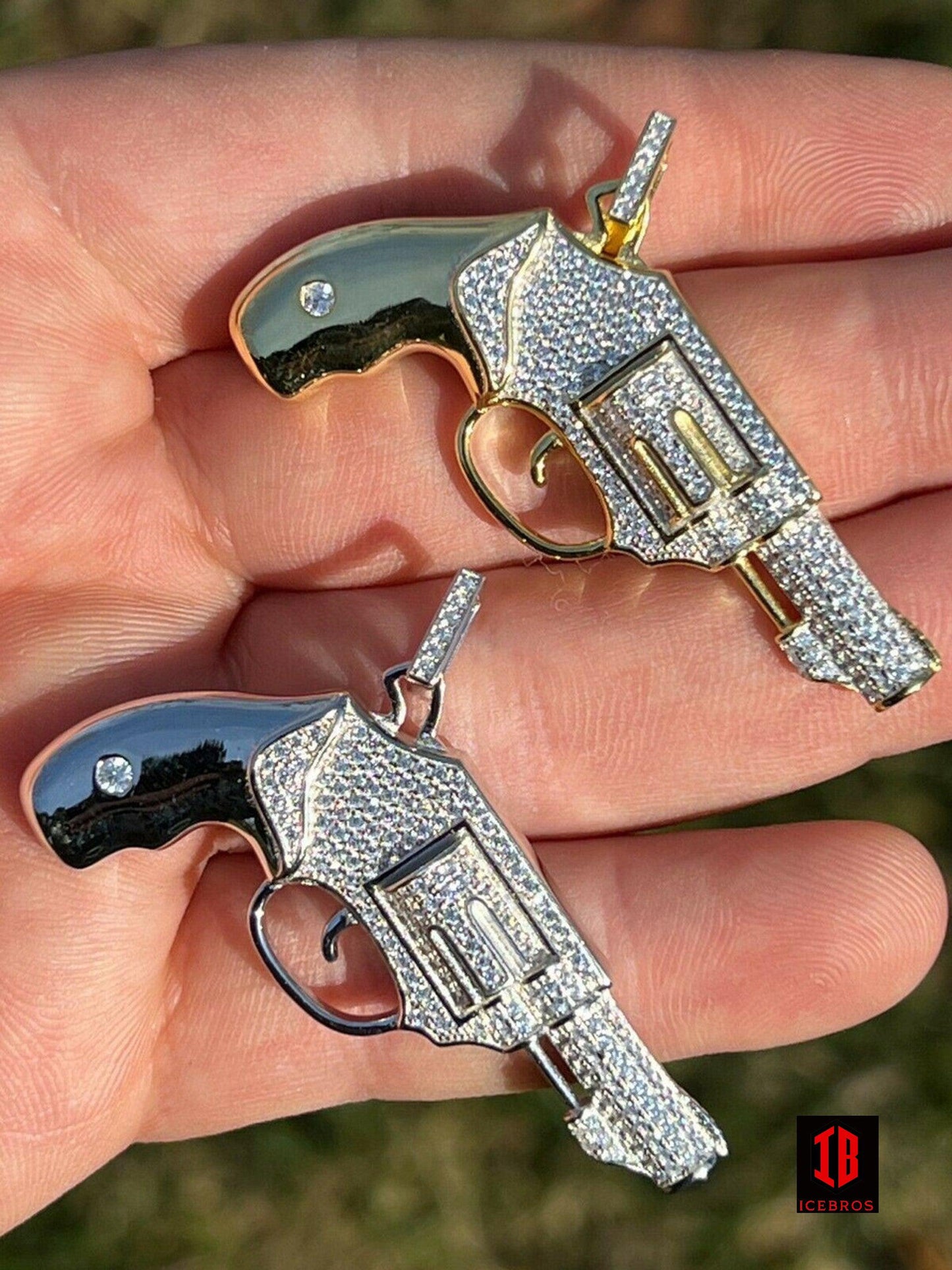 Real 925 Silver 18K Gold Iced Vintage Pistol Revolver Gun HipHop Pendant Necklace