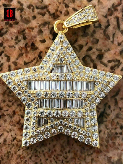 Solid 925 Silver Iced Hip Hop Men's Diamond SUPER Star 14k Gold Chain Pendant