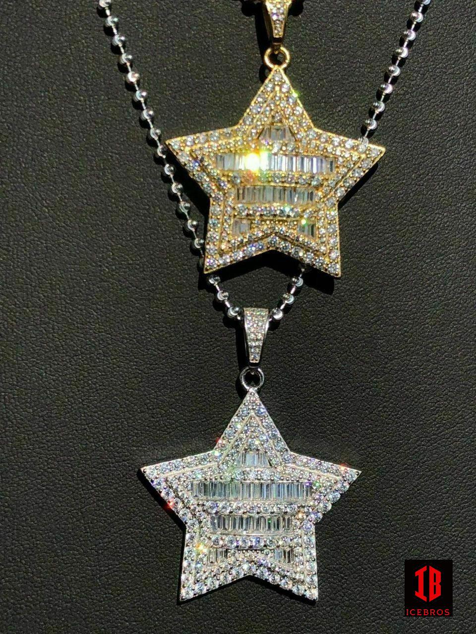 Solid 925 Silver Iced Hip Hop Men's Diamond SUPER Star 14k Gold Chain Pendant