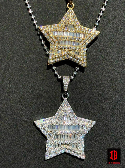 Solid 925 Silver Iced Hip Hop Men's Diamond SUPER Star 14k Gold Chain Pendant