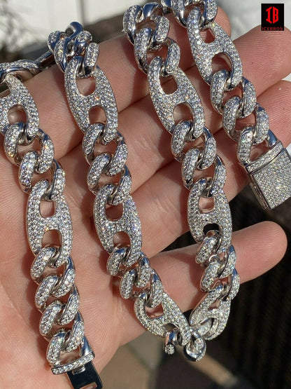 12MM Solid 925 Silver Mens Figarucci Gucci Link Cuban Chain Diamonds Hip Hop Figaro