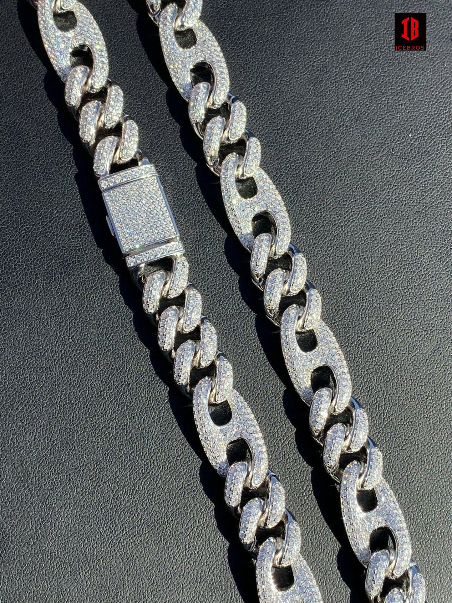 12MM Solid 925 Silver Mens Figarucci Gucci Link Cuban Chain Diamonds Hip Hop Figaro