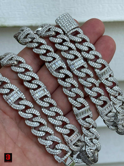 Solid 925 Silver Mens Figarucci Gucci Link Cuban Chain Iced Baguette Diamond Out